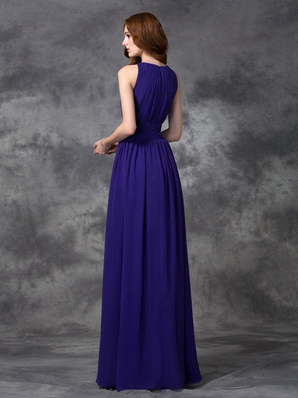 A-line/Princess Jewel Ruched Sleeveless Long Chiffon Bridesmaid Dresses Evening Dress