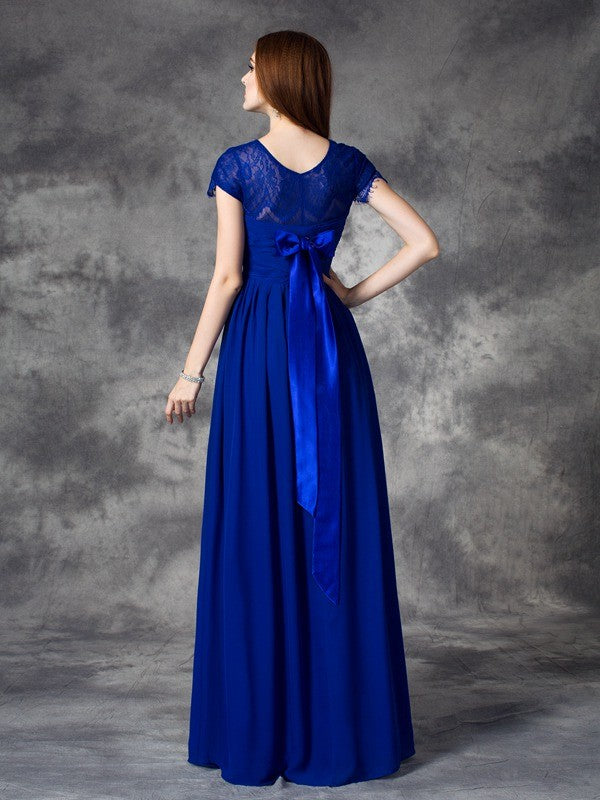 A-line/Princess Bateau Lace Sleeveless Long Chiffon Bridesmaid Dresses Evening Prom Dress