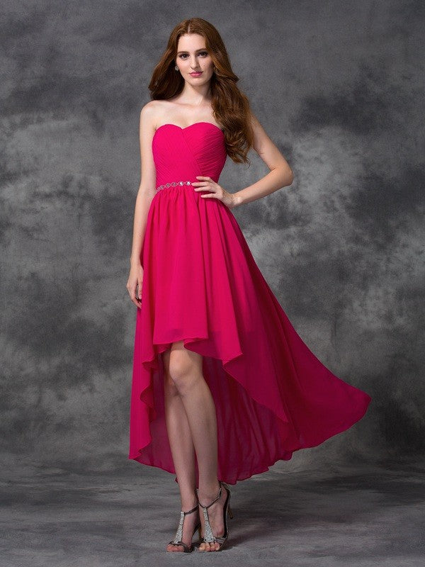 A-line/Princess Sweetheart Beading Sleeveless High Low Chiffon Bridesmaid Dresses Evening Prom Dress