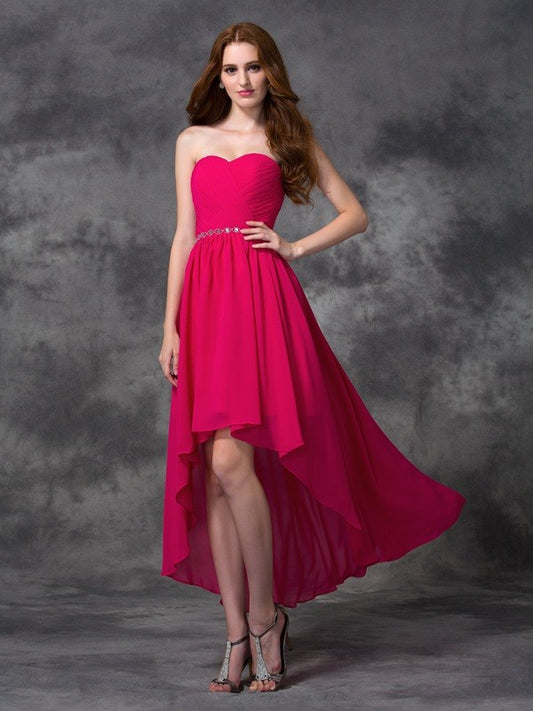 A-line/Princess Sweetheart Beading Sleeveless High Low Chiffon Bridesmaid Dresses Evening Prom Dress
