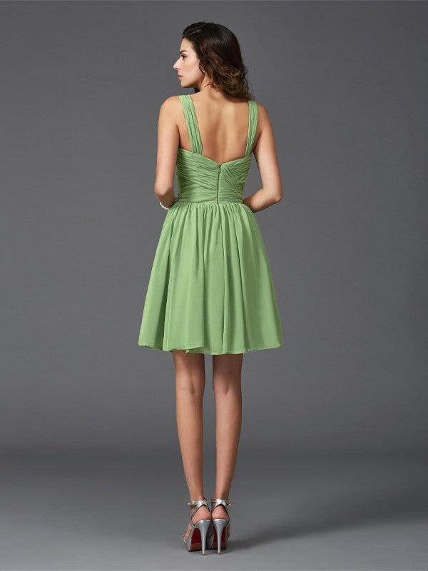 A-Linie/Princess-Linie Träger Rüschen Ärmellos Kurz Chiffon Brautjungfernkleider Homecoming Ballkleid