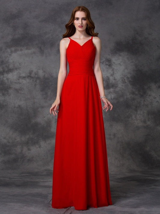 A-line/Princess Spaghetti Straps Ruffles Sleeveless Long Chiffon Bridesmaid Dresses Evening Prom Dress