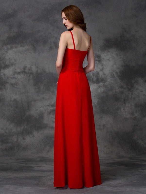 A-line/Princess Spaghetti Straps Ruffles Sleeveless Long Chiffon Bridesmaid Dresses Evening Prom Dress