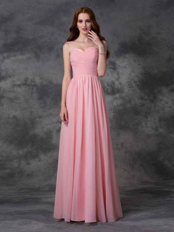 A-line/Princess Sleeveless Sweetheart Ruffles Long Chiffon Bridesmaid Dresses Evening Prom Dress