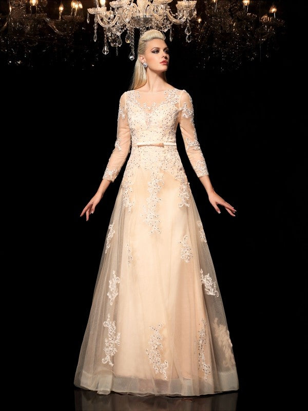 Vestidos de novia de satén con escote transparente, mangas largas y apliques, corte princesa/a, para novia