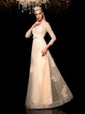 Vestidos de novia de satén con escote transparente, mangas largas y apliques, corte princesa/a, para novia
