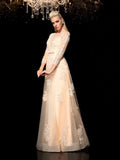 Vestidos de novia de satén con escote transparente, mangas largas y apliques, corte princesa/a, para novia