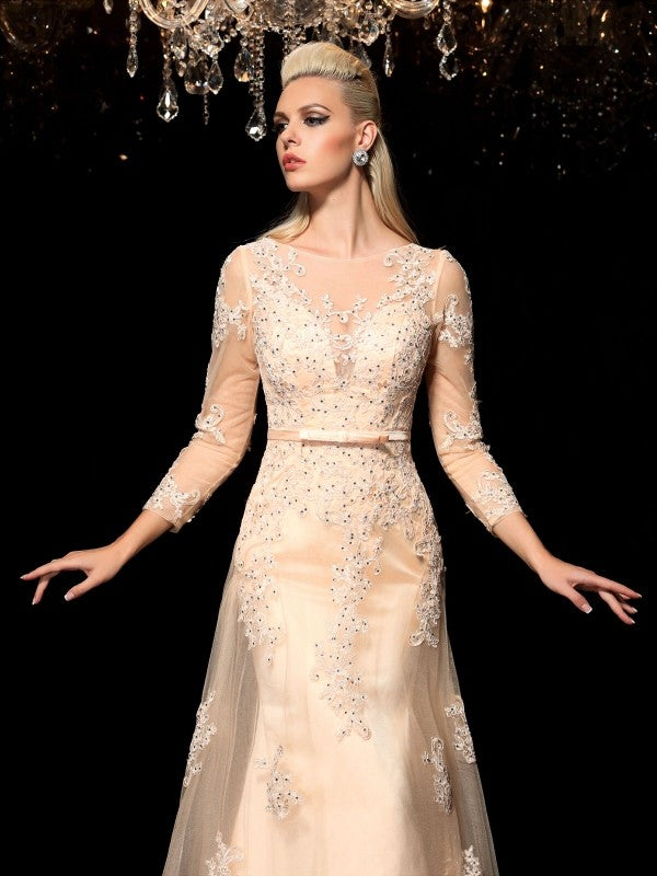 Vestidos de novia de satén con escote transparente, mangas largas y apliques, corte princesa/a, para novia