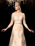 Vestidos de novia de satén con escote transparente, mangas largas y apliques, corte princesa/a, para novia