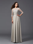 Vestido de noche largo de gasa con corte A/princesa, escote redondo, apliques y mangas 3/4 para madre de la novia
