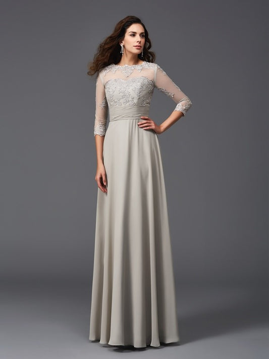 Vestido de noche largo de gasa con corte A/princesa, escote redondo, apliques y mangas 3/4 para madre de la novia