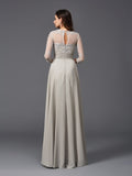 Vestido de noche largo de gasa con corte A/princesa, escote redondo, apliques y mangas 3/4 para madre de la novia
