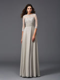 Vestido de noche largo de gasa con corte A/princesa, escote redondo, apliques y mangas 3/4 para madre de la novia