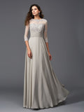Vestido de noche largo de gasa con corte A/princesa, escote redondo, apliques y mangas 3/4 para madre de la novia