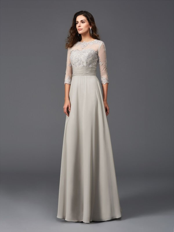 Vestido de noche largo de gasa con corte A/princesa, escote redondo, apliques y mangas 3/4 para madre de la novia