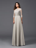 Vestido de noche largo de gasa con corte A/princesa, escote redondo, apliques y mangas 3/4 para madre de la novia