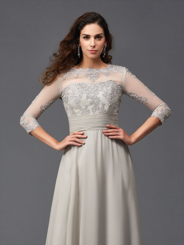 Vestido de noche largo de gasa con corte A/princesa, escote redondo, apliques y mangas 3/4 para madre de la novia