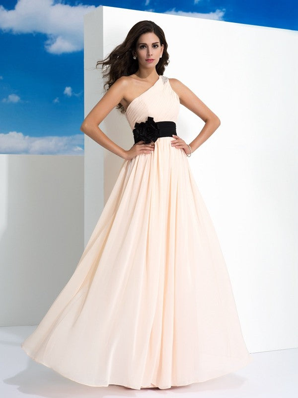 A-Line/Princess One-Shoulder Sash/Ribbon/Belt Sleeveless Long Chiffon Dresses Prom Evening Dress