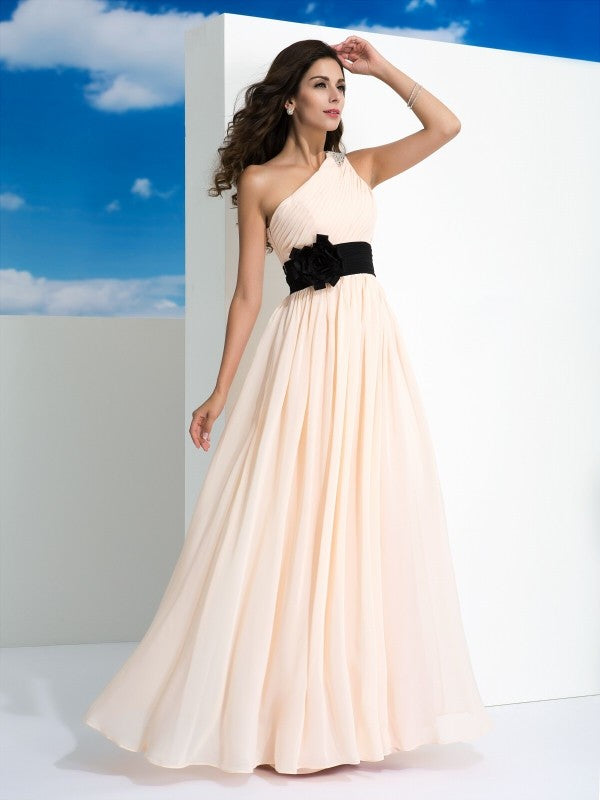 A-Line/Princess One-Shoulder Sash/Ribbon/Belt Sleeveless Long Chiffon Dresses Prom Evening Dress