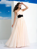 A-Line/Princess One-Shoulder Sash/Ribbon/Belt Sleeveless Long Chiffon Dresses Prom Evening Dress