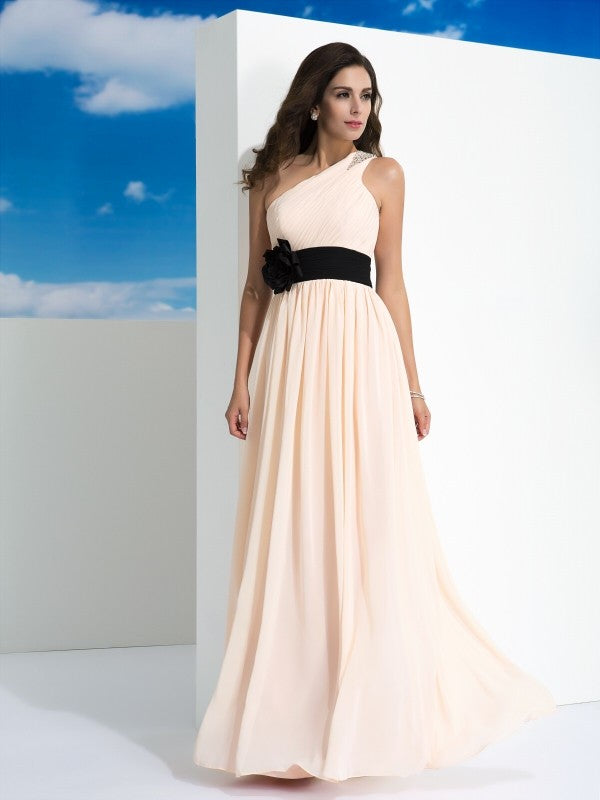 A-Line/Princess One-Shoulder Sash/Ribbon/Belt Sleeveless Long Chiffon Dresses Prom Evening Dress