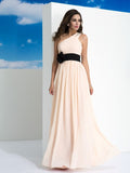 A-Line/Princess One-Shoulder Sash/Ribbon/Belt Sleeveless Long Chiffon Dresses Prom Evening Dress