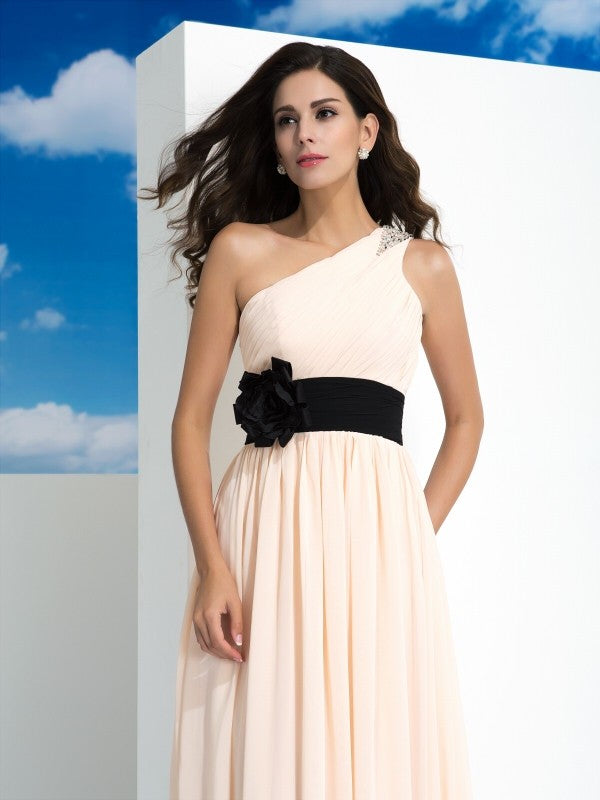 A-Line/Princess One-Shoulder Sash/Ribbon/Belt Sleeveless Long Chiffon Dresses Prom Evening Dress