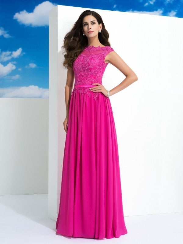 Vestido de noche de graduación de gasa largo sin mangas con encaje y cuello transparente de corte A/princesa