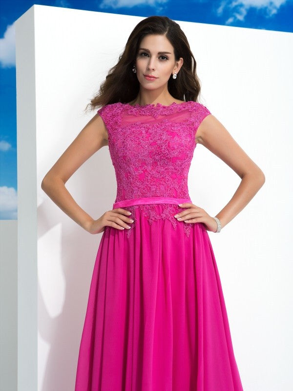 Vestido de noche de graduación de gasa largo sin mangas con encaje y cuello transparente de corte A/princesa
