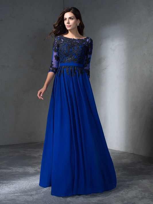 Vestido largo de gasa con corte A/princesa, escote redondo, apliques, mangas 3/4, para fiesta de graduación, vestido de madre de la novia