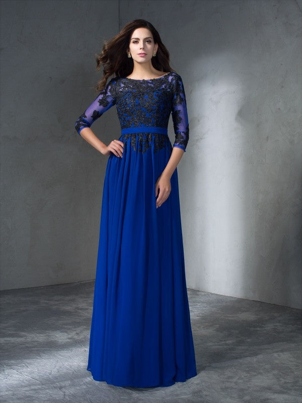 Vestido largo de gasa con corte A/princesa, escote redondo, apliques, mangas 3/4, para fiesta de graduación, vestido de madre de la novia