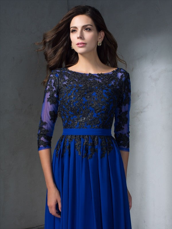 Vestido largo de gasa con corte A/princesa, escote redondo, apliques, mangas 3/4, para fiesta de graduación, vestido de madre de la novia