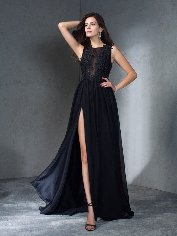 Vestido de noche de graduación de gasa largo sin mangas con apliques redondos y corte A/princesa