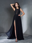 Vestido de noche de graduación de gasa largo sin mangas con apliques redondos y corte A/princesa