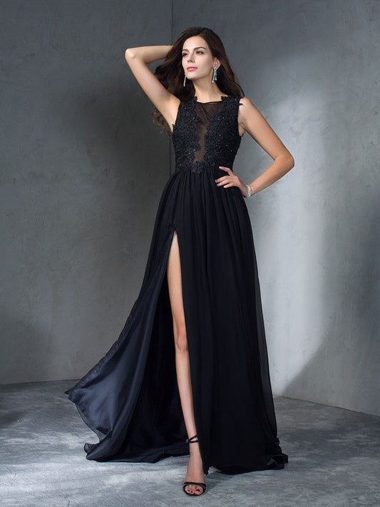 Vestido de noche de graduación de gasa largo sin mangas con apliques redondos y corte A/princesa