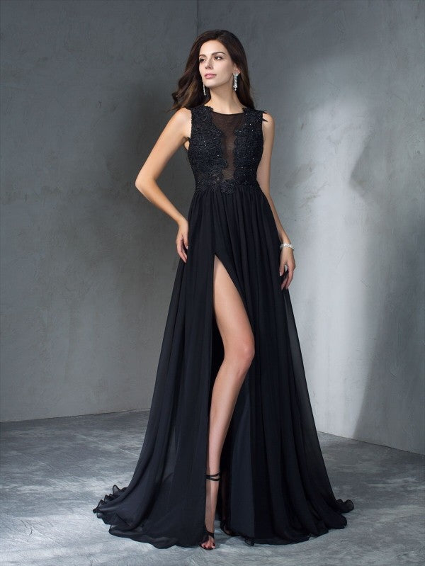 Vestido de noche de graduación de gasa largo sin mangas con apliques redondos y corte A/princesa