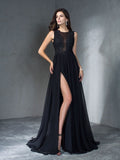 Vestido de noche de graduación de gasa largo sin mangas con apliques redondos y corte A/princesa
