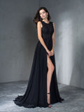 Vestido de noche de graduación de gasa largo sin mangas con apliques redondos y corte A/princesa
