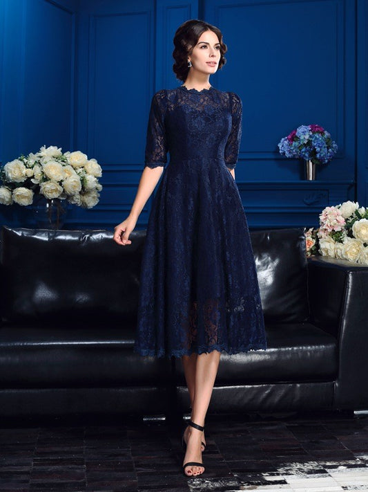 A-Line/Princess Jewel Lace 1/2 Sleeves Tea-Length Lace Mother of the Bride Dresses