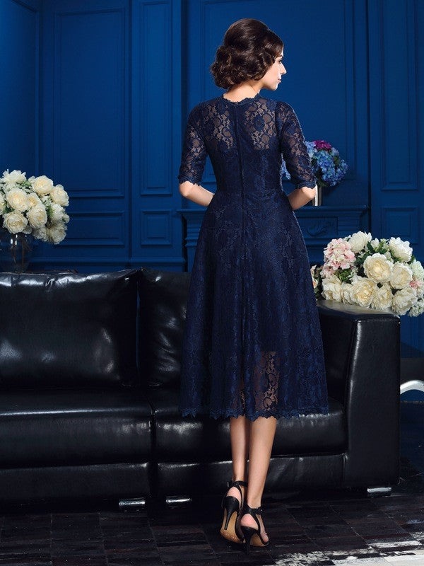 A-Line/Princess Jewel Lace 1/2 Sleeves Tea-Length Lace Mother of the Bride Dresses