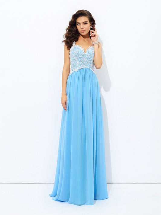 Vestido de noche de graduación de gasa largo sin mangas con escote en V y encaje de corte A/princesa