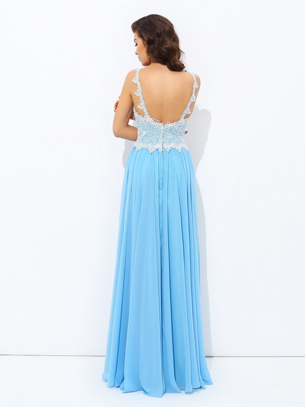 Vestido de noche de graduación de gasa largo sin mangas con escote en V y encaje de corte A/princesa