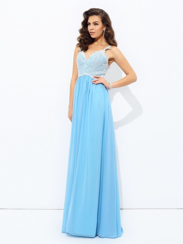 Vestido de noche de graduación de gasa largo sin mangas con escote en V y encaje de corte A/princesa