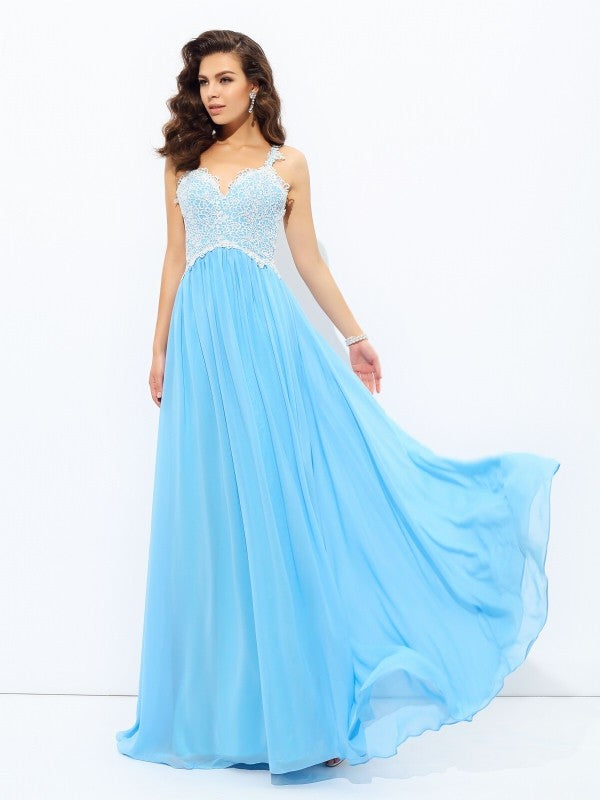Vestido de noche de graduación de gasa largo sin mangas con escote en V y encaje de corte A/princesa