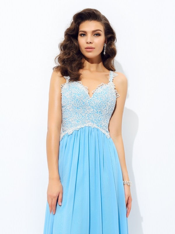 Vestido de noche de graduación de gasa largo sin mangas con escote en V y encaje de corte A/princesa