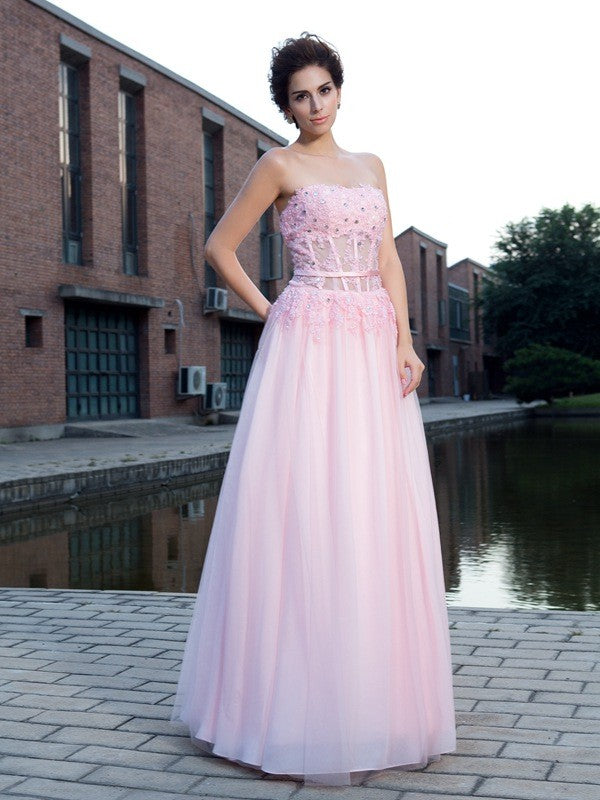 Vestido de noche de graduación con tirantes finos, corte A/princesa, apliques, sin mangas, largo de red