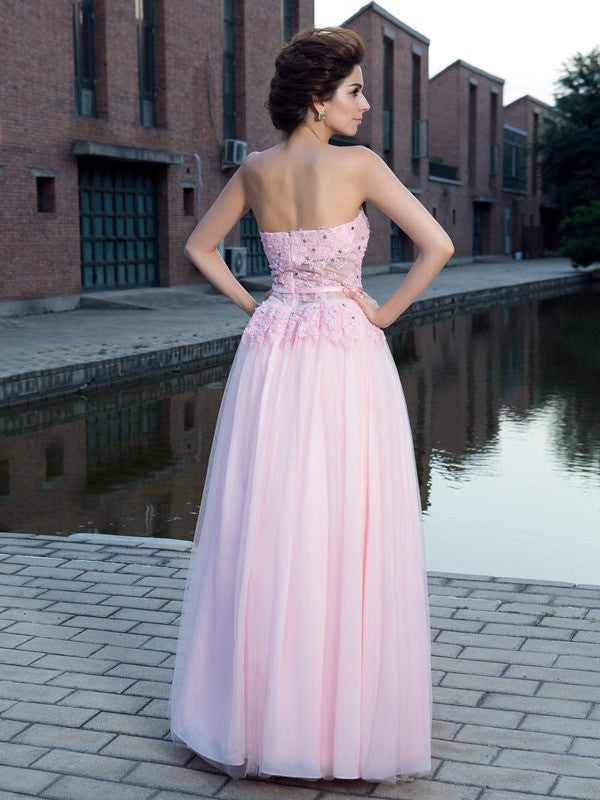 Vestido de noche de graduación con tirantes finos, corte A/princesa, apliques, sin mangas, largo de red