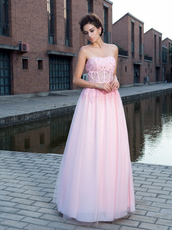 Vestido de noche de graduación con tirantes finos, corte A/princesa, apliques, sin mangas, largo de red