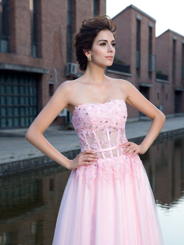 Vestido de noche de graduación con tirantes finos, corte A/princesa, apliques, sin mangas, largo de red