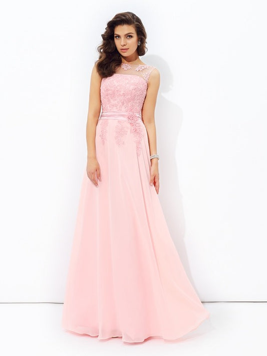 Vestido de noche de graduación de gasa largo sin mangas con apliques redondos y corte A/princesa